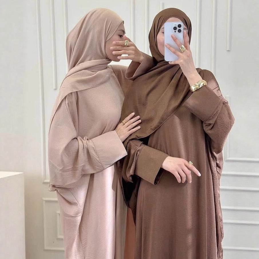 Loose and elegant solid-color long robe with headscarf dress