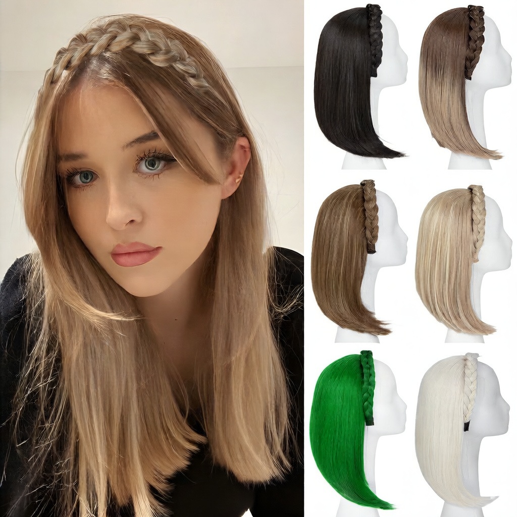 Long Straight Synthetic Hairpiece with Braided Headband High Temperature Fiber Full Volume Half Wig