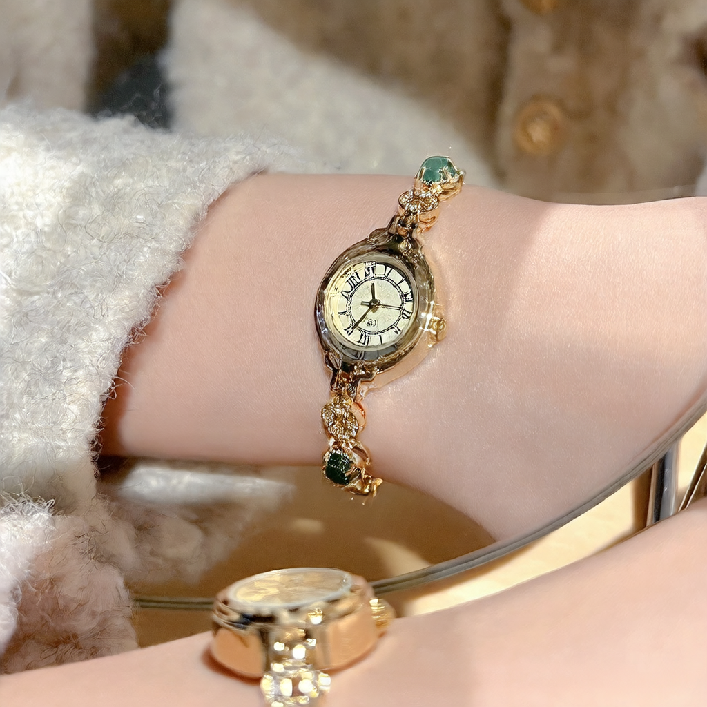 Elegant Green Chalcedony Retro Women's Watch