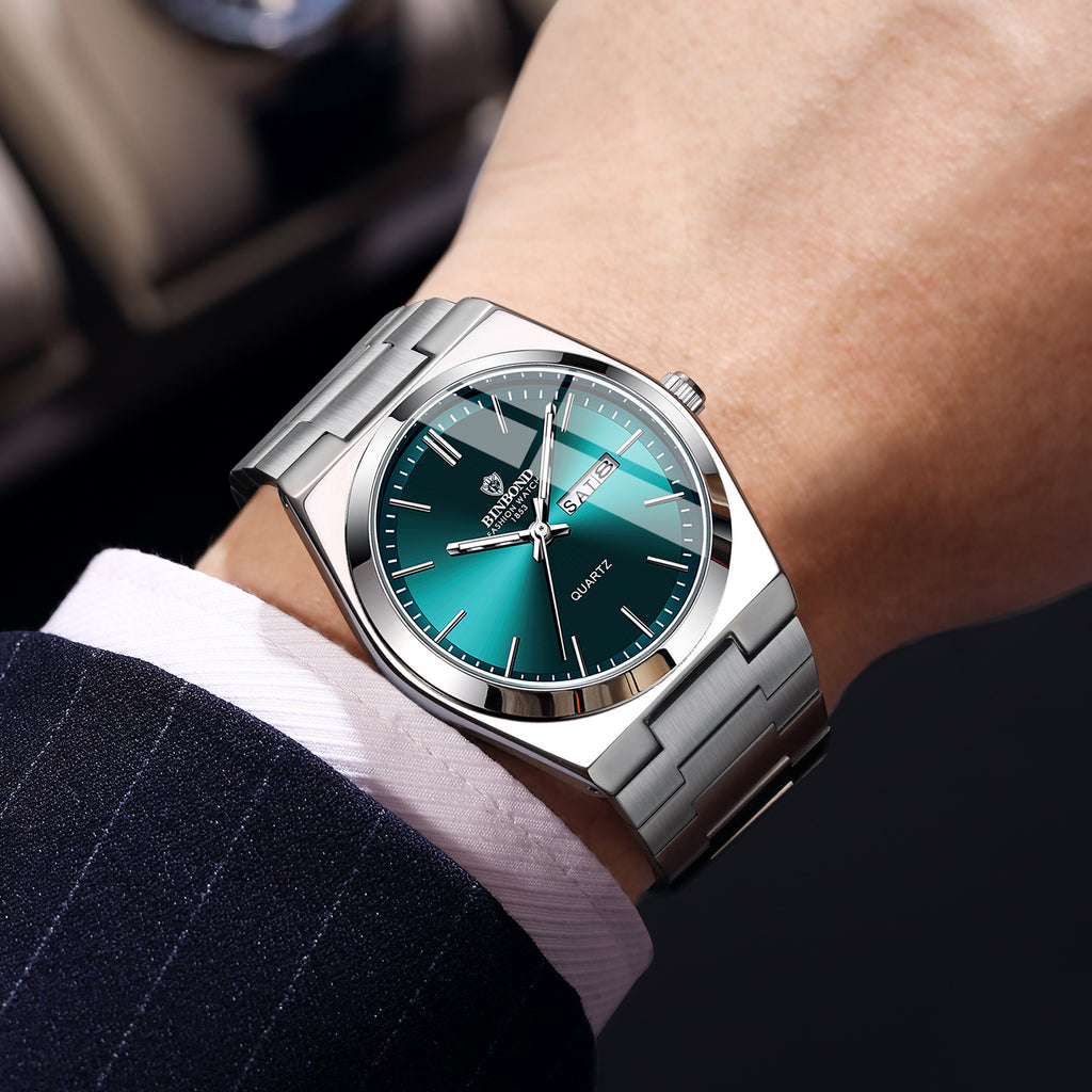 Binbang Stainless Steel Men's Quartz Watch with Double Calendar