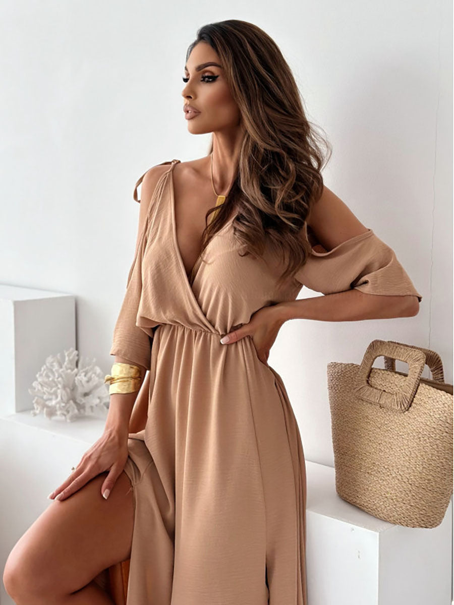 Off-Shoulder Bell Sleeve V-Neck Ruffle Split Dress