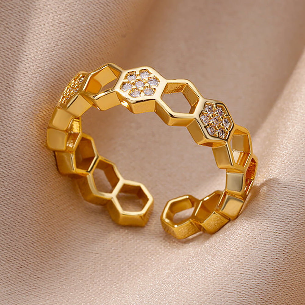 18K Gold-Plated Zircon Leaf Open Ring for Women
