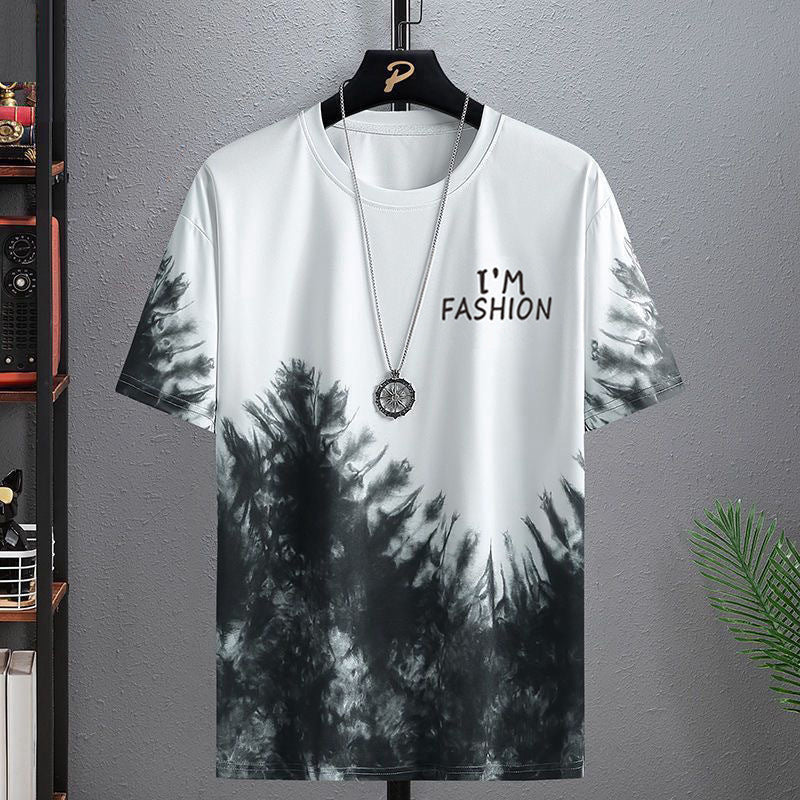 Ice Silk Short-sleeved T-shirt Men's Summer Fashionable Half-sleeved Men's Ice-sensitive Splash-ink T-shirt for Students and Teenagers