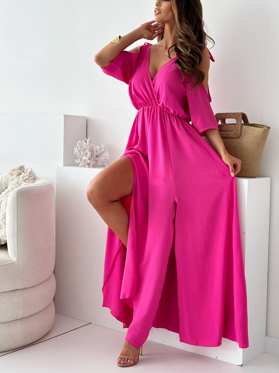 Off-Shoulder Bell Sleeve V-Neck Ruffle Split Dress