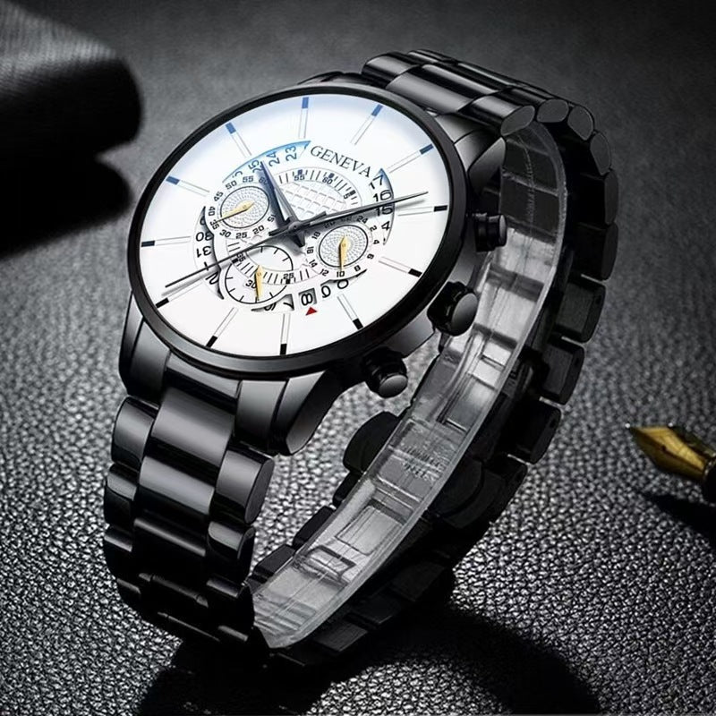 Geneva Men's Quartz Watch with Calendar - Sporty Steel Band