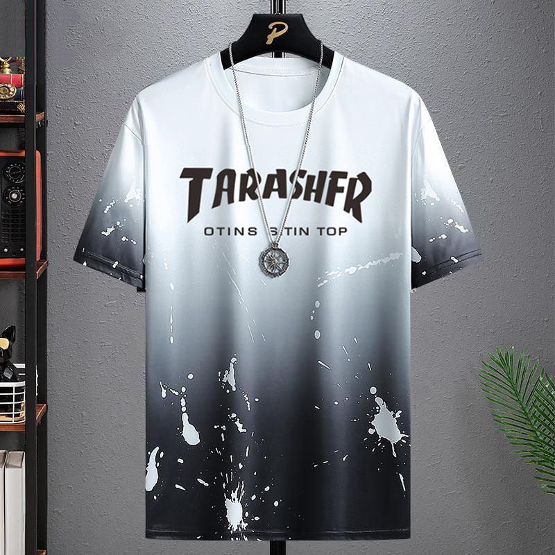 Ice Silk Short-sleeved T-shirt Men's Summer Fashionable Half-sleeved Men's Ice-sensitive Splash-ink T-shirt for Students and Teenagers