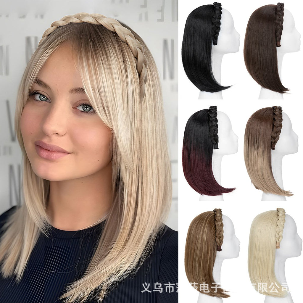 Long Straight Synthetic Hairpiece with Braided Headband High Temperature Fiber Full Volume Half Wig