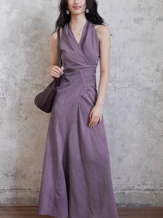 A stylish purple V-neck halter-neck long dress with a lace-up design for women