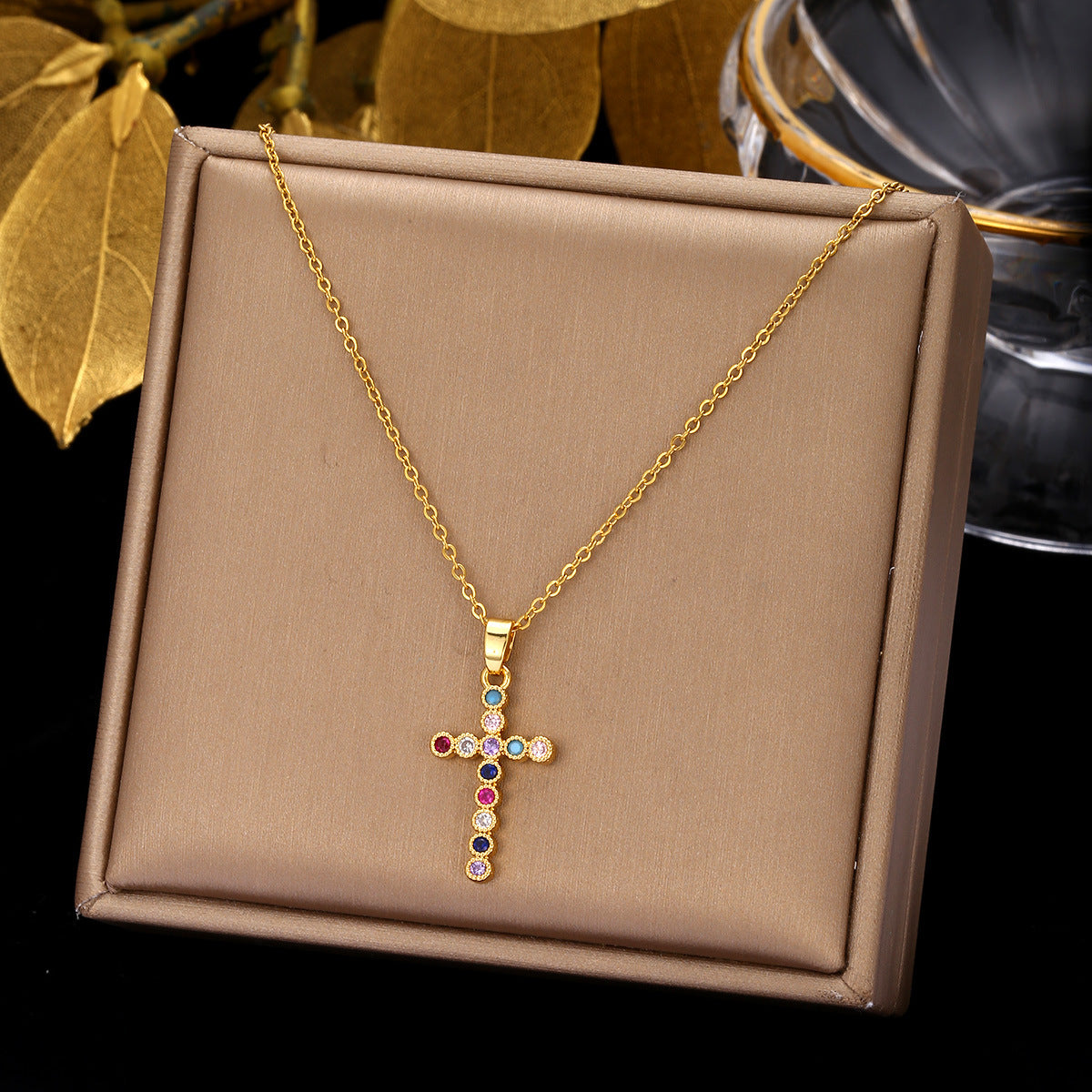 Gold Cross Necklace Set with Large Diamonds