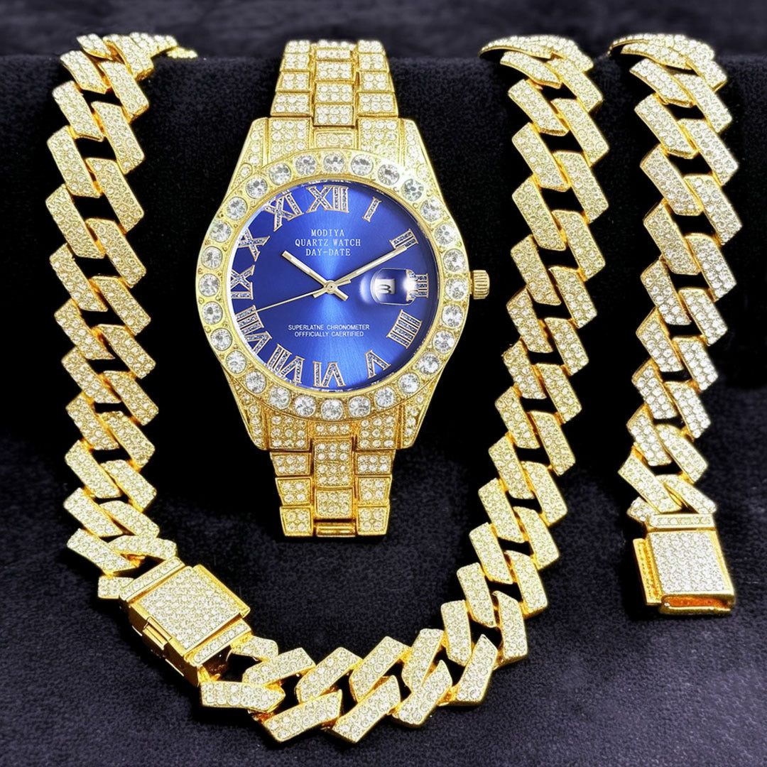 Diamond Cuban Chain Watch Bracelet Necklace Set