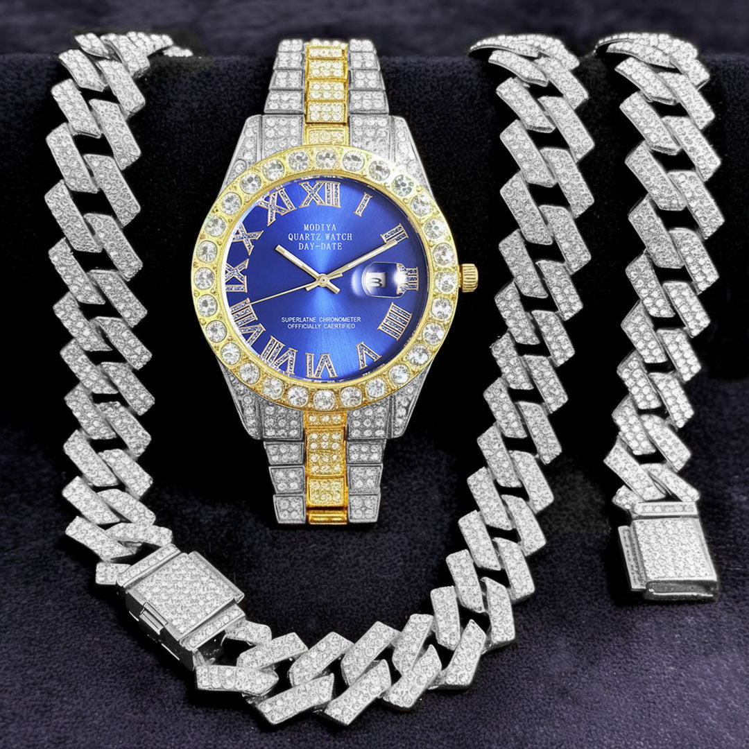 Diamond Cuban Chain Watch Bracelet Necklace Set
