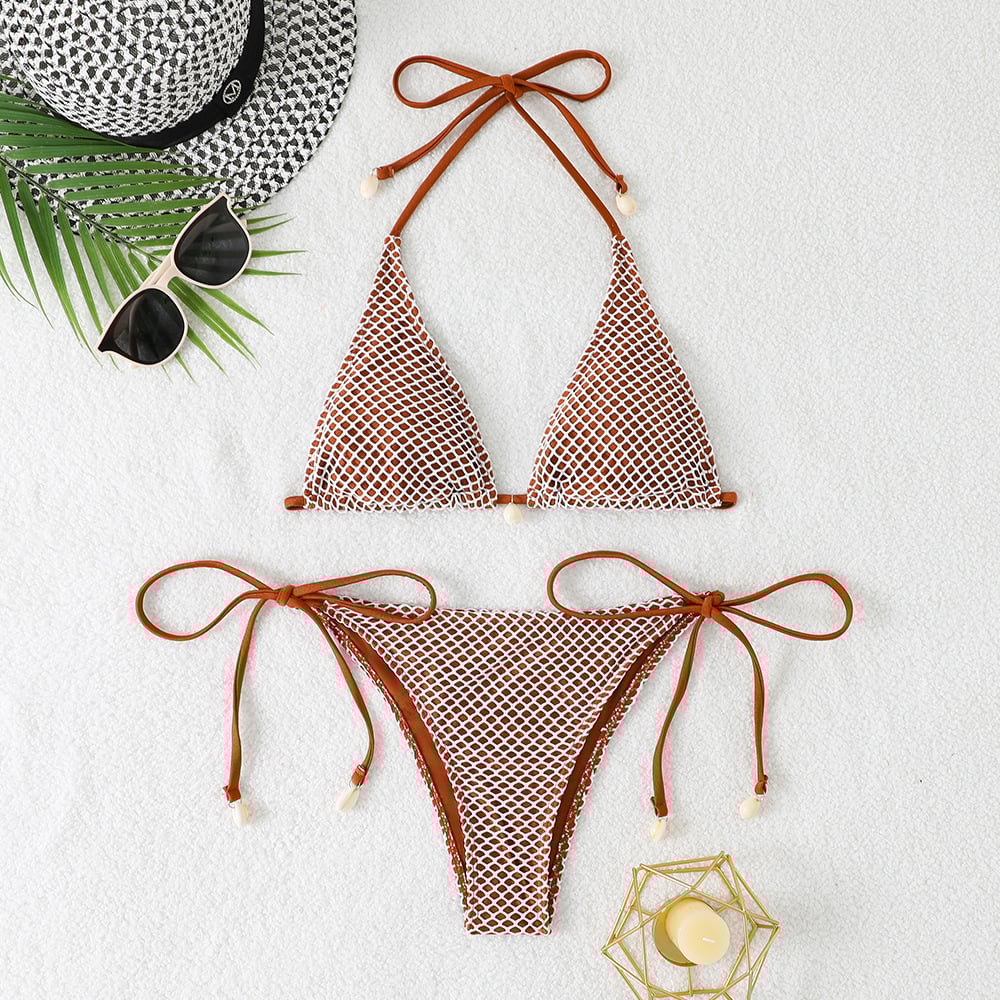 Cross-border 2025 foreign trade split bikini three-point hanging neck lace-up swimsuit fashion backless small chest gathered swimsuit
