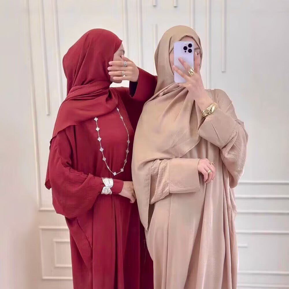 Loose and elegant solid-color long robe with headscarf dress