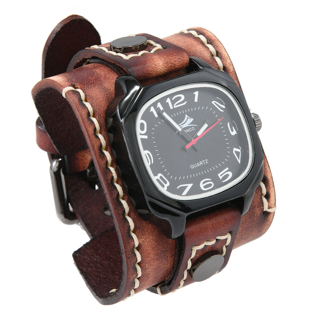 Men's Retro Leather Quartz Watch with Alloy Buckle