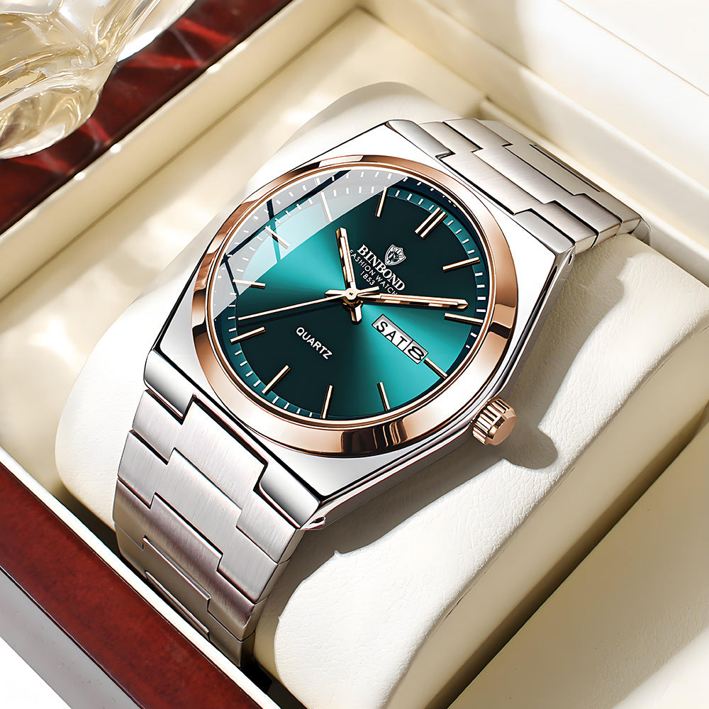 Binbang Stainless Steel Men's Quartz Watch with Double Calendar