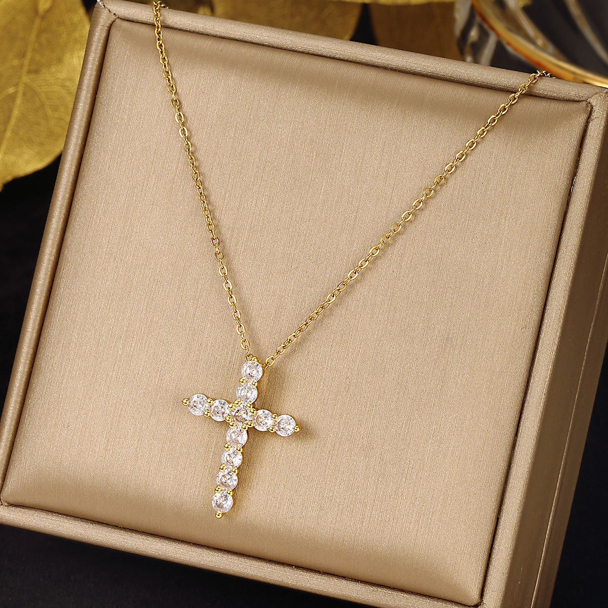 Gold Cross Necklace Set with Large Diamonds