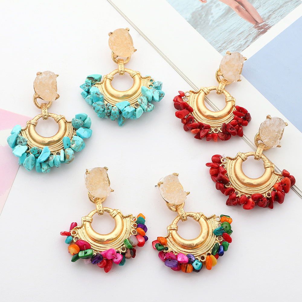 Charming metal earrings, exquisite fan-shaped natural stone resin, feminine and versatile earrings