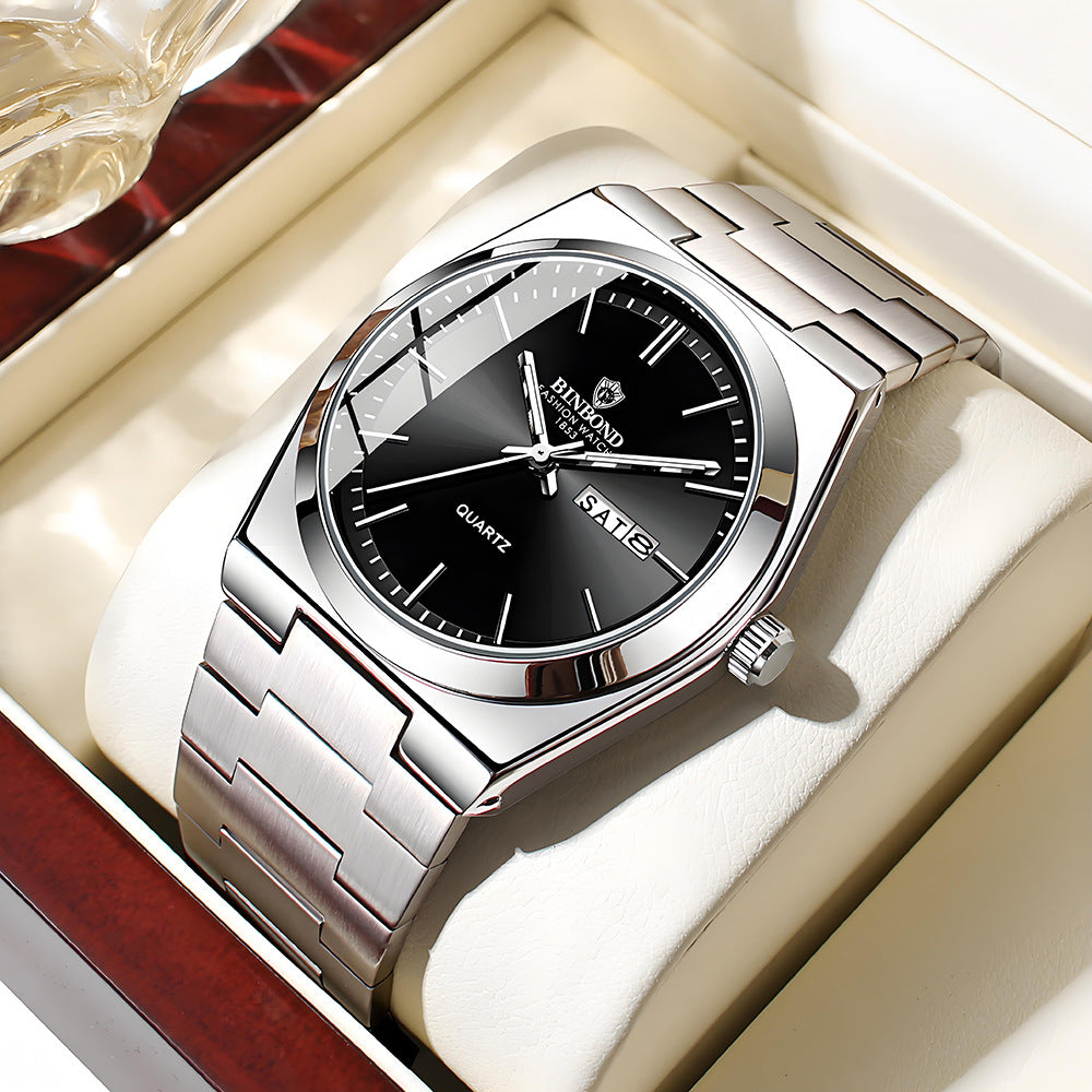 Binbang Stainless Steel Men's Quartz Watch with Double Calendar