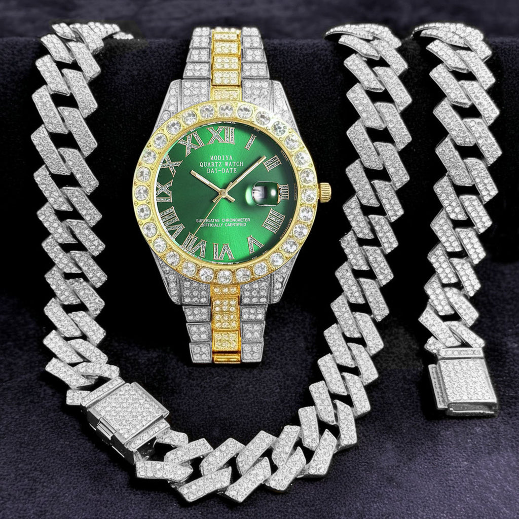 Diamond Cuban Chain Watch Bracelet Necklace Set