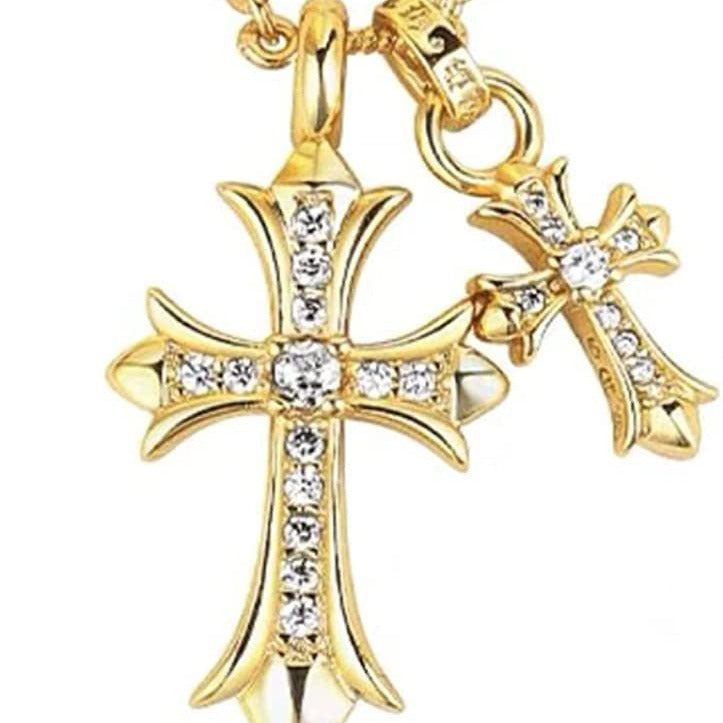 Double Cross Diamond Pendant Gold Plated Necklace