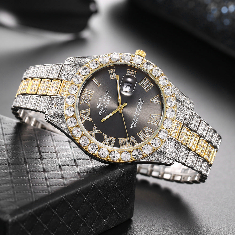 Rhinestone Calendar Men's Alloy Watch