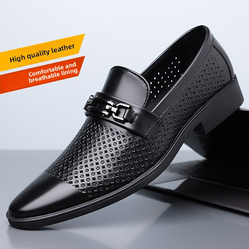 Men's Breathable Hollow Leather Shoes with Metal Buckle