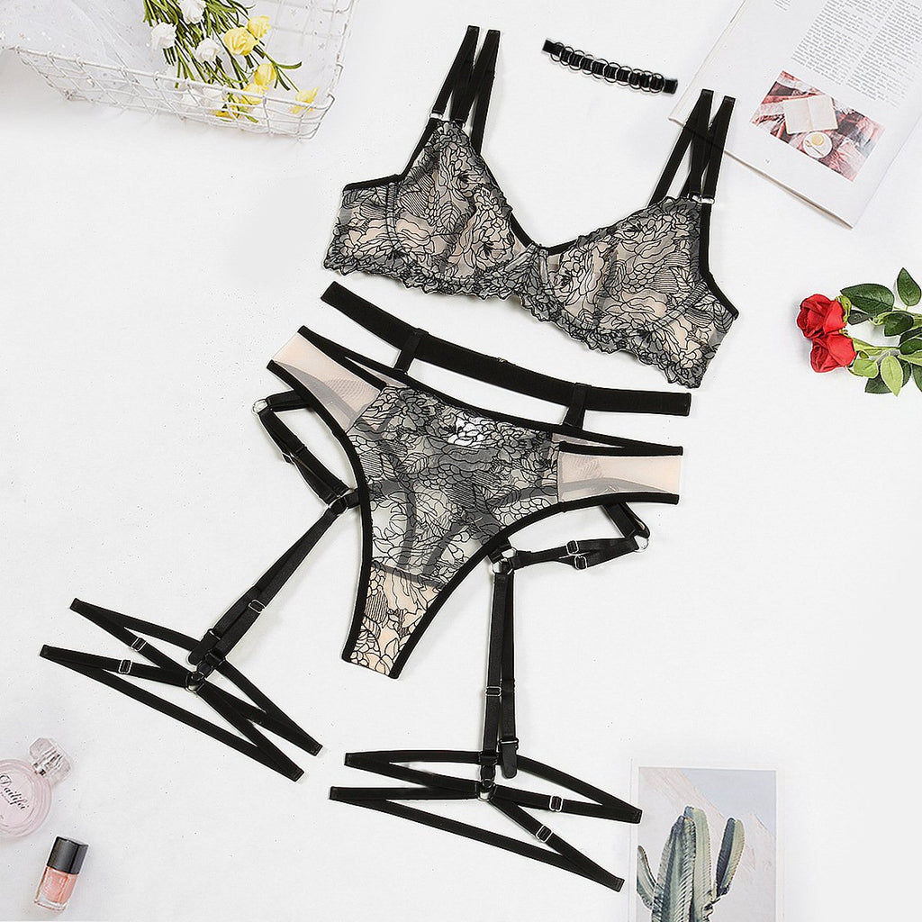 European and American Summer Sexy Underwear Neck Ring Garter Belt suit Fashion Embroidered Mesh Collar Piece Perspective Fun Five-piece Set