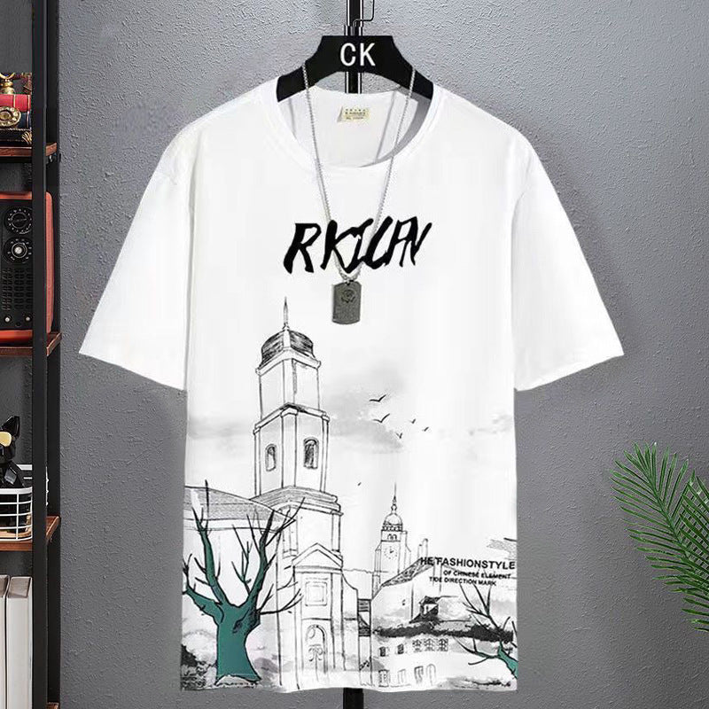 Ice Silk Short-sleeved T-shirt Men's Summer Fashionable Half-sleeved Men's Ice-sensitive Splash-ink T-shirt for Students and Teenagers