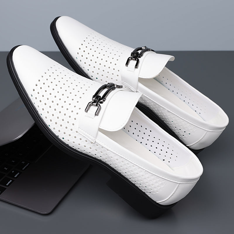 Men's Breathable Hollow Leather Shoes with Metal Buckle