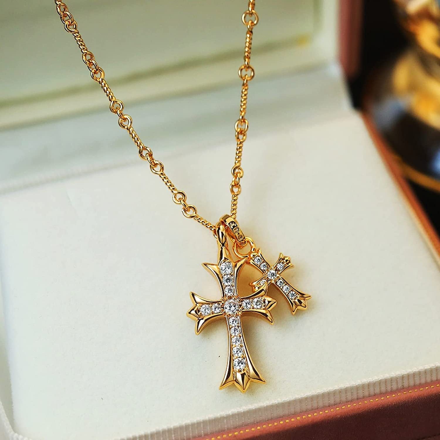 Double Cross Diamond Pendant Gold Plated Necklace