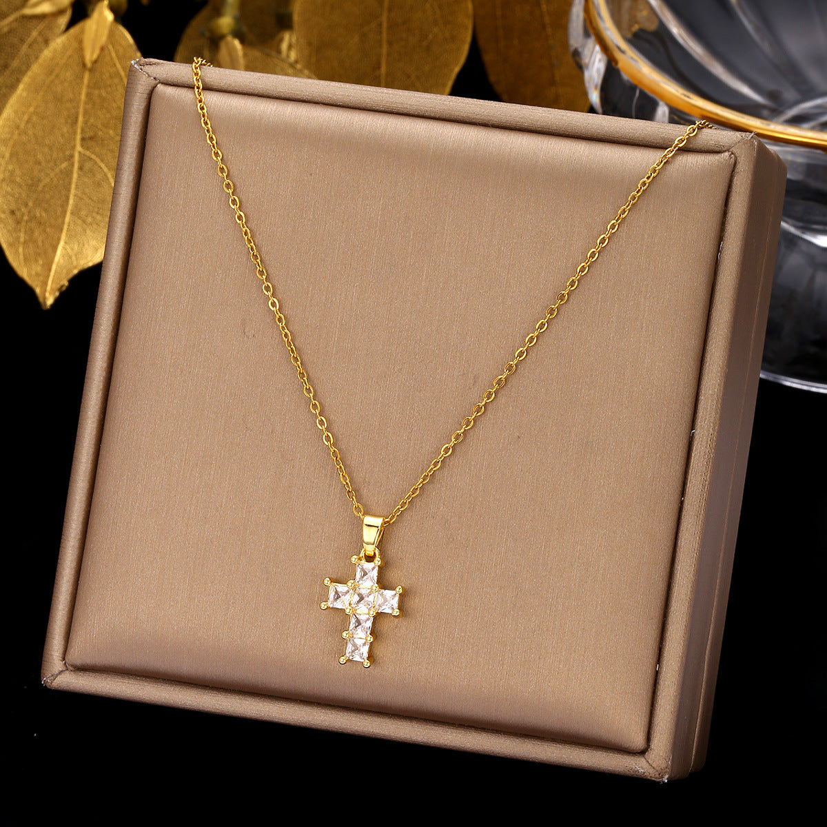 Gold Cross Necklace Set with Large Diamonds