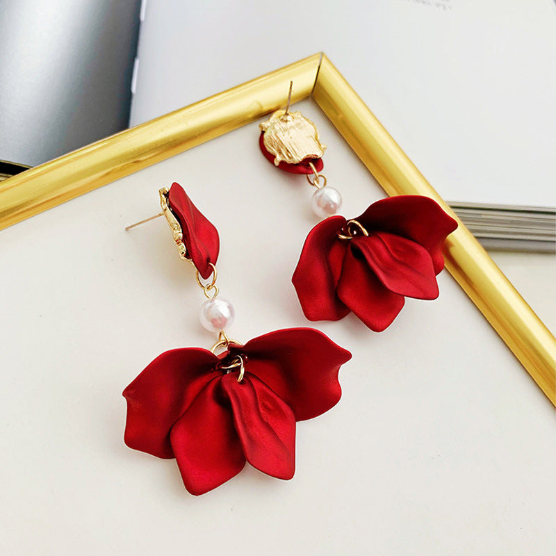 Korean S925 Silver Needle Long Rose Petal Tassel Earrings Retro Simple Exaggerated Atmosphere Internet Celebrant Flower Earrings