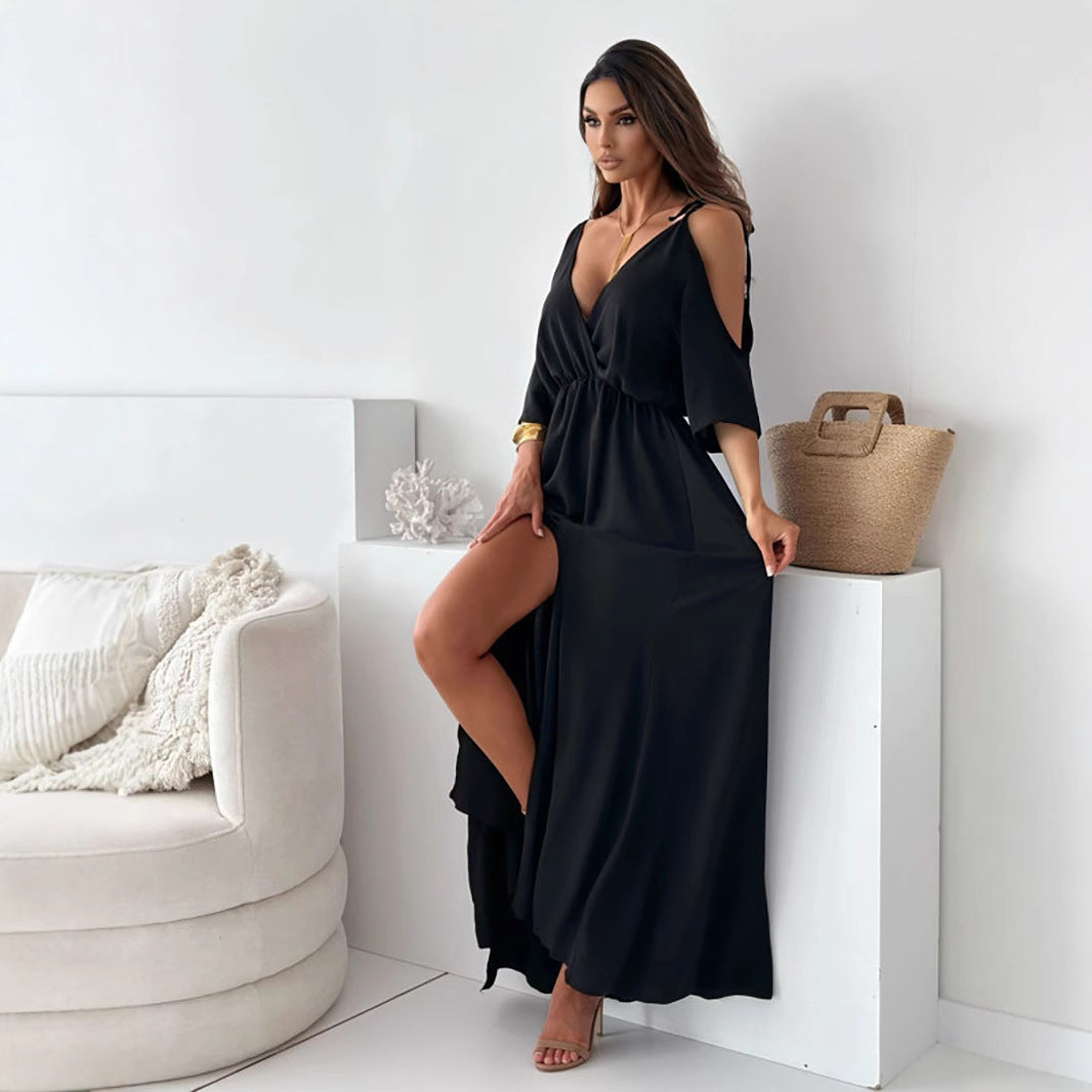 Off-Shoulder Bell Sleeve V-Neck Ruffle Split Dress