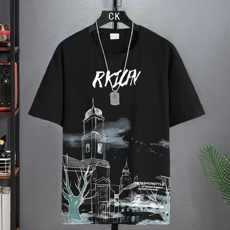 Ice Silk Short-sleeved T-shirt Men's Summer Fashionable Half-sleeved Men's Ice-sensitive Splash-ink T-shirt for Students and Teenagers