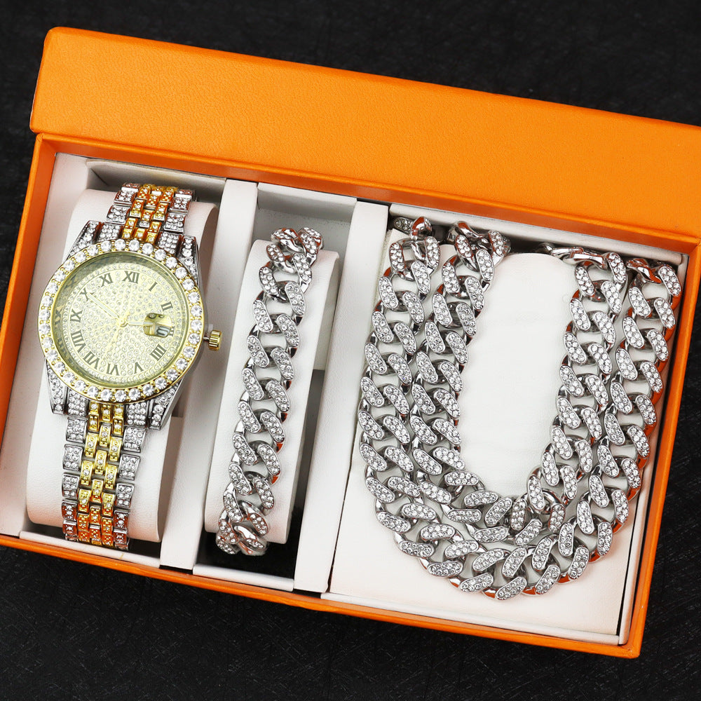 Hip Hop Quartz Watch with Cuban Bracelet and Necklace Set