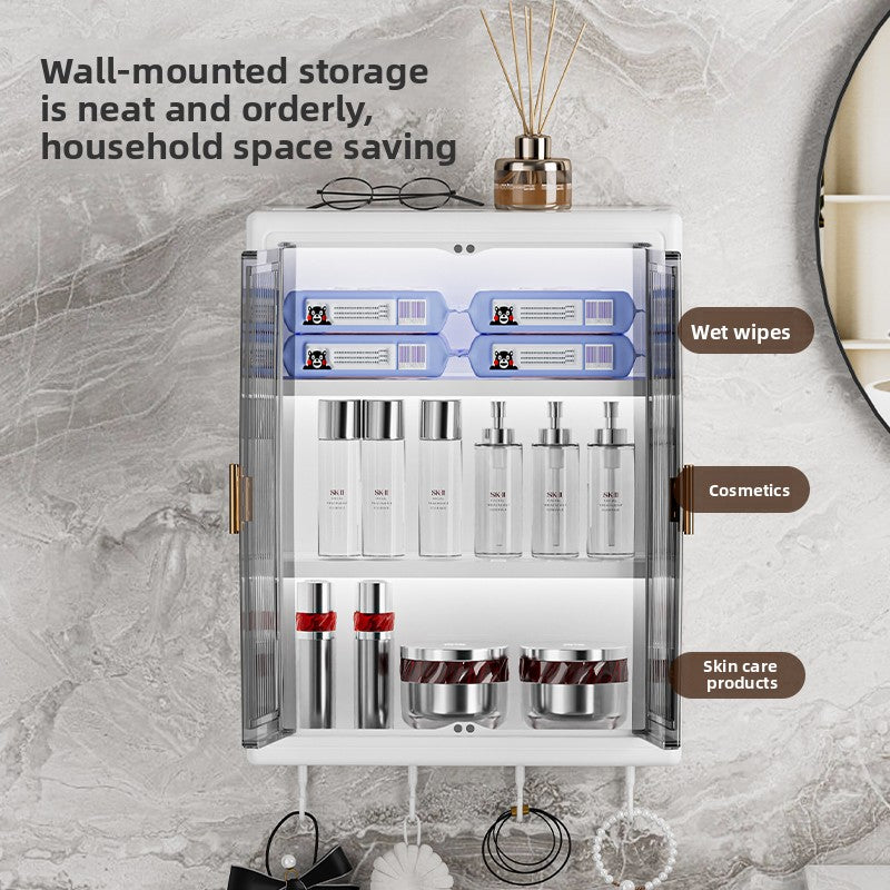 The wall of the bathroom storage cabinet