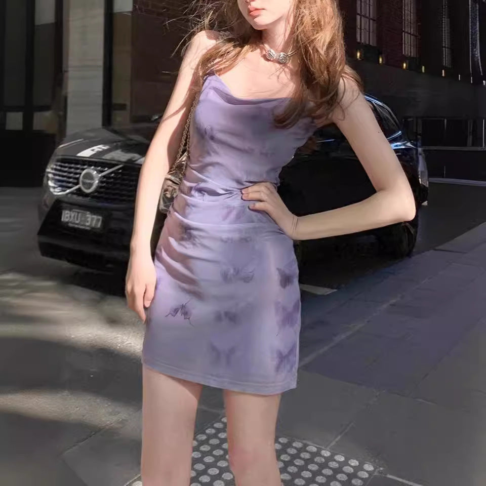 French Purple Floral Strap Dress