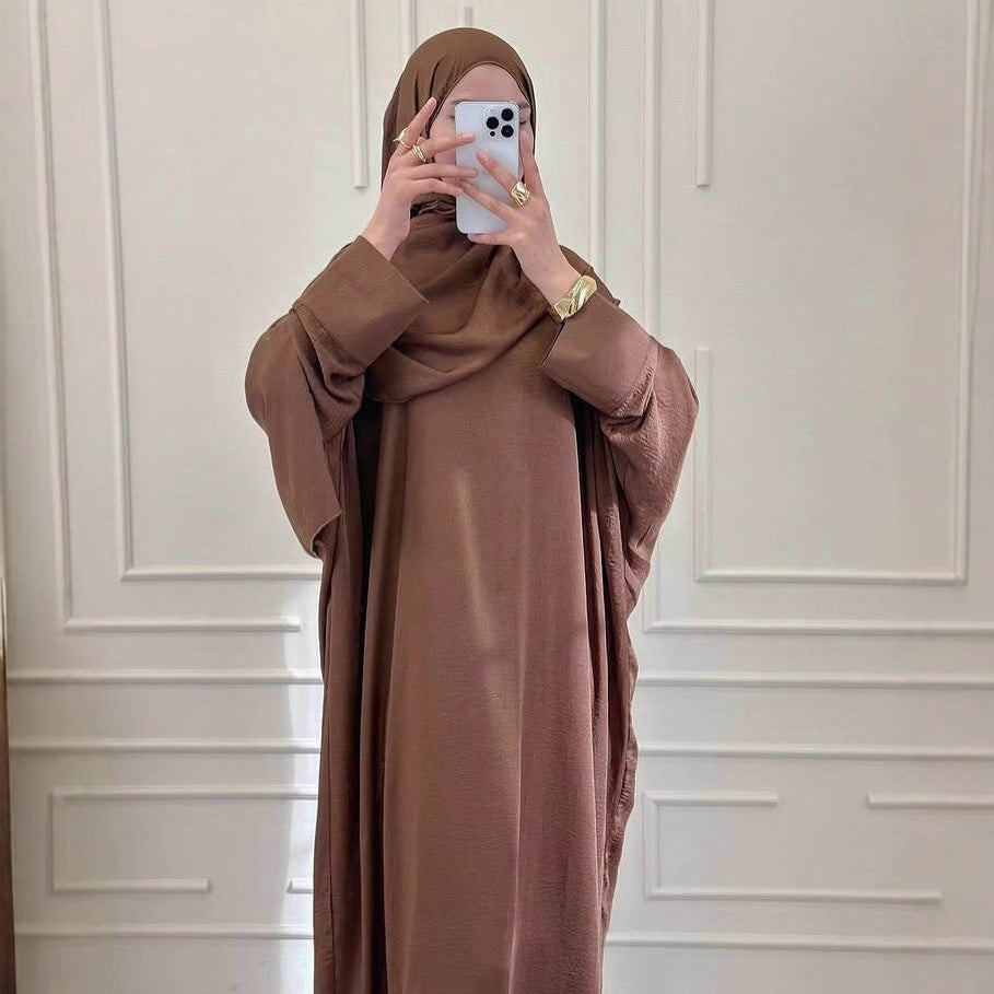 Loose and elegant solid-color long robe with headscarf dress