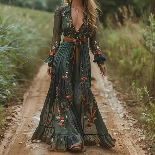 Long-sleeved printed long dress