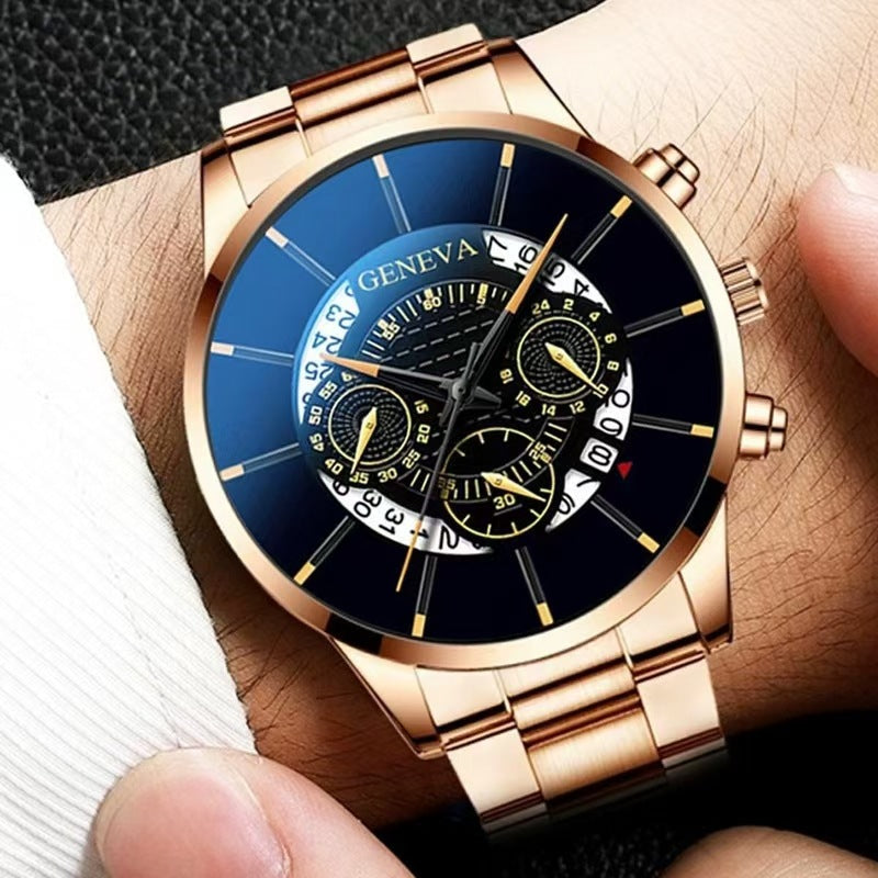 Geneva Men's Quartz Watch with Calendar - Sporty Steel Band