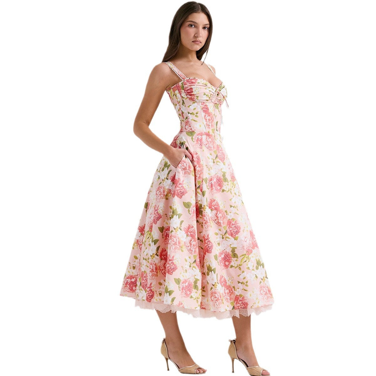 A high-end dress with a large lace hem