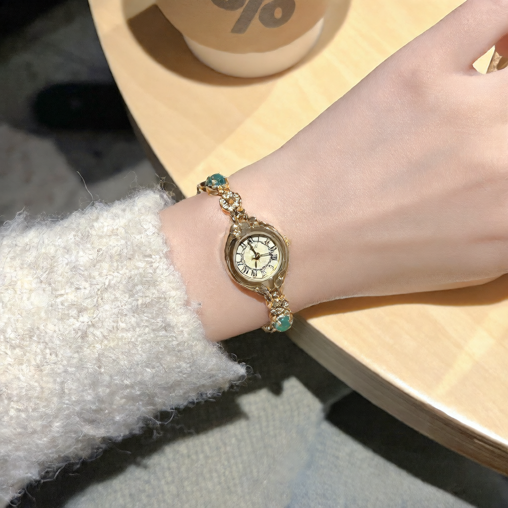Elegant Green Chalcedony Retro Women's Watch