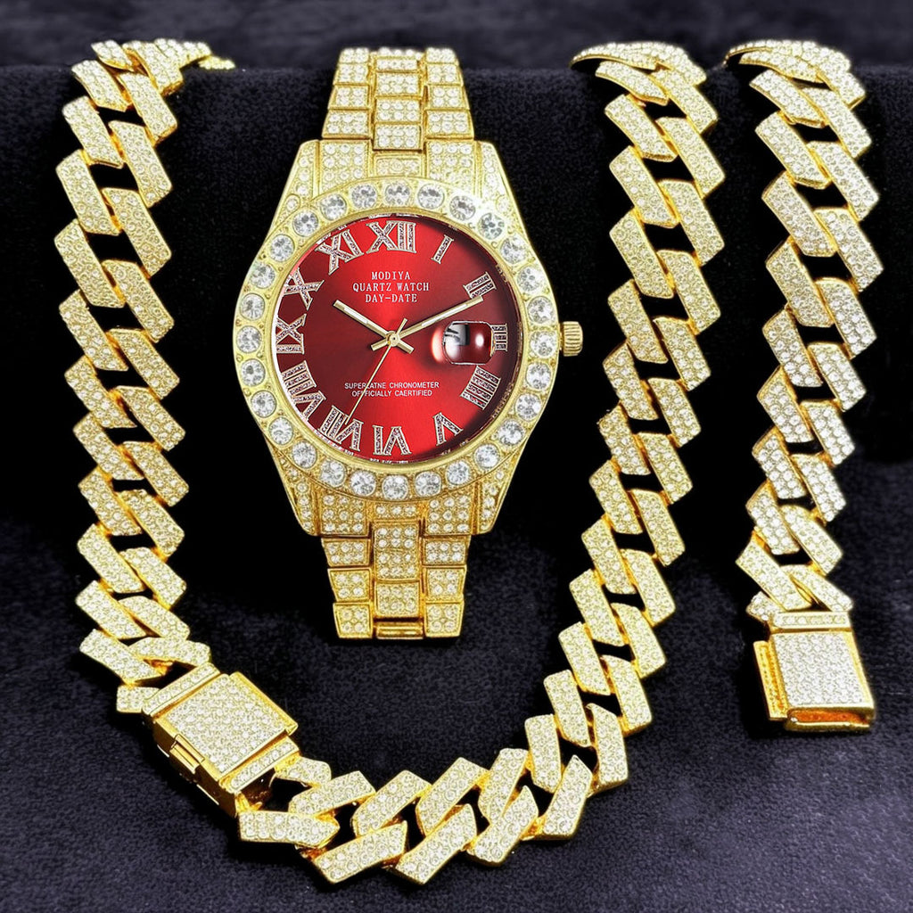 Diamond Cuban Chain Watch Bracelet Necklace Set