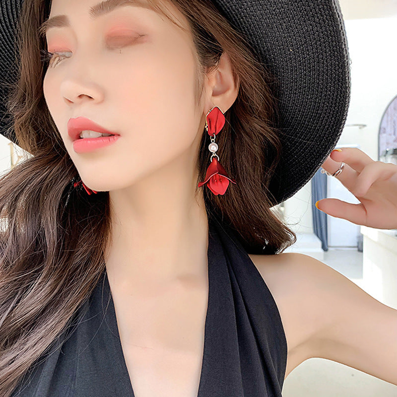 Korean S925 Silver Needle Long Rose Petal Tassel Earrings Retro Simple Exaggerated Atmosphere Internet Celebrant Flower Earrings