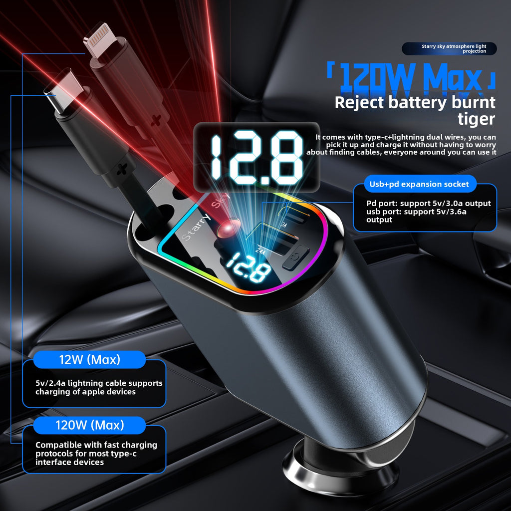 C6 one-to-four mobile phone car charger 120W super fast charging star sky top projection lamp telescopic line