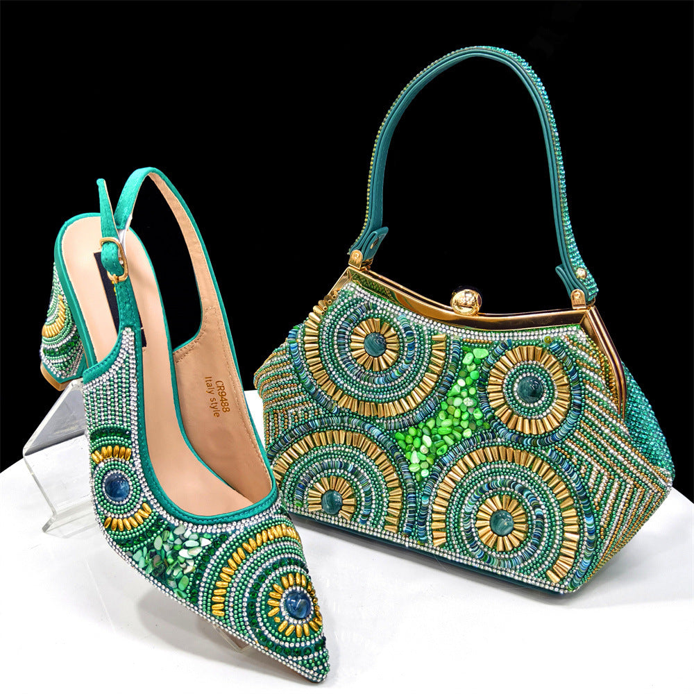 Rhinestone high-heeled pointed-toe sandals and an irregular-shaped handbag