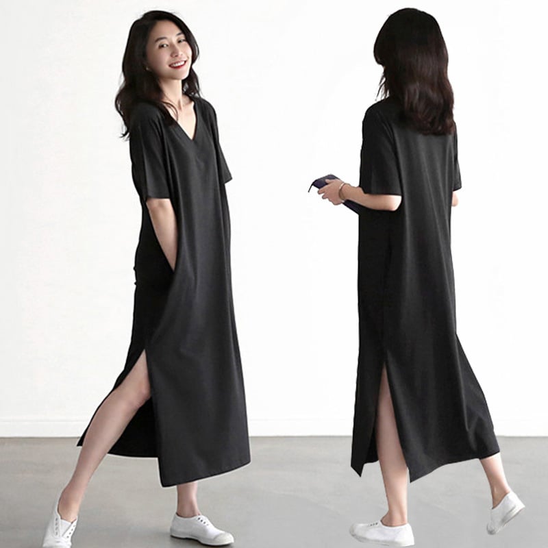 Women's V-Neck Modal Long Dress with Side Split