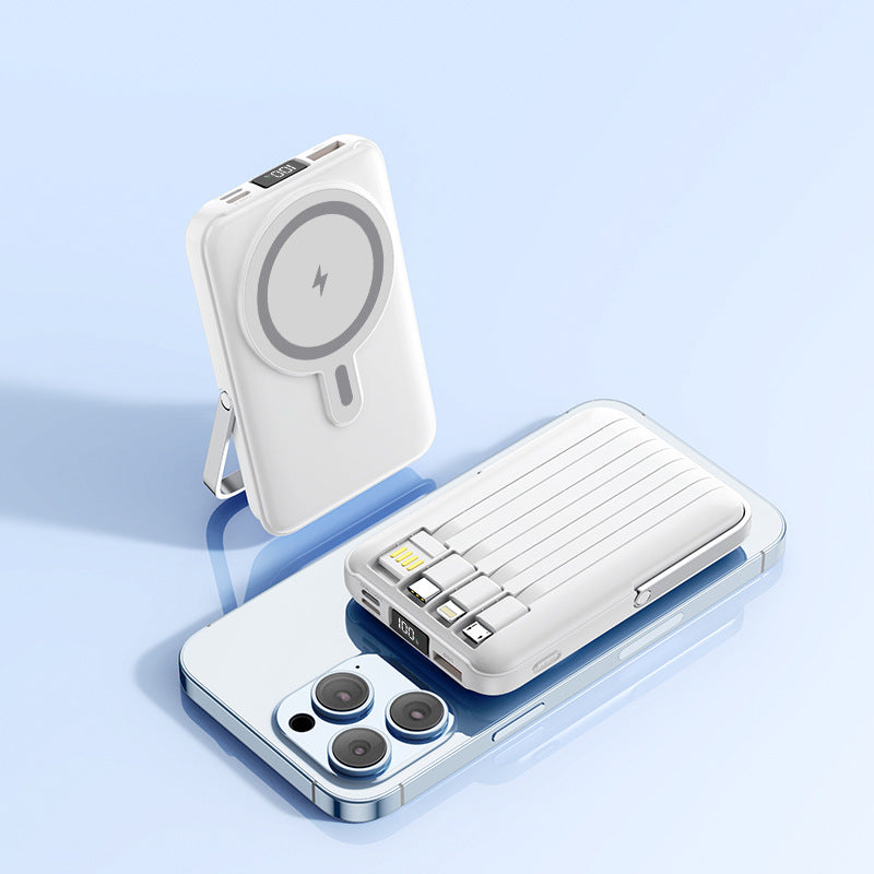 Magnetic Stand Power Bank with Wireless Charging and Built-In Cable