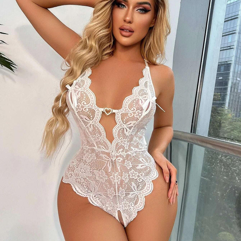 Lace see-through open-crotch jumpsuit