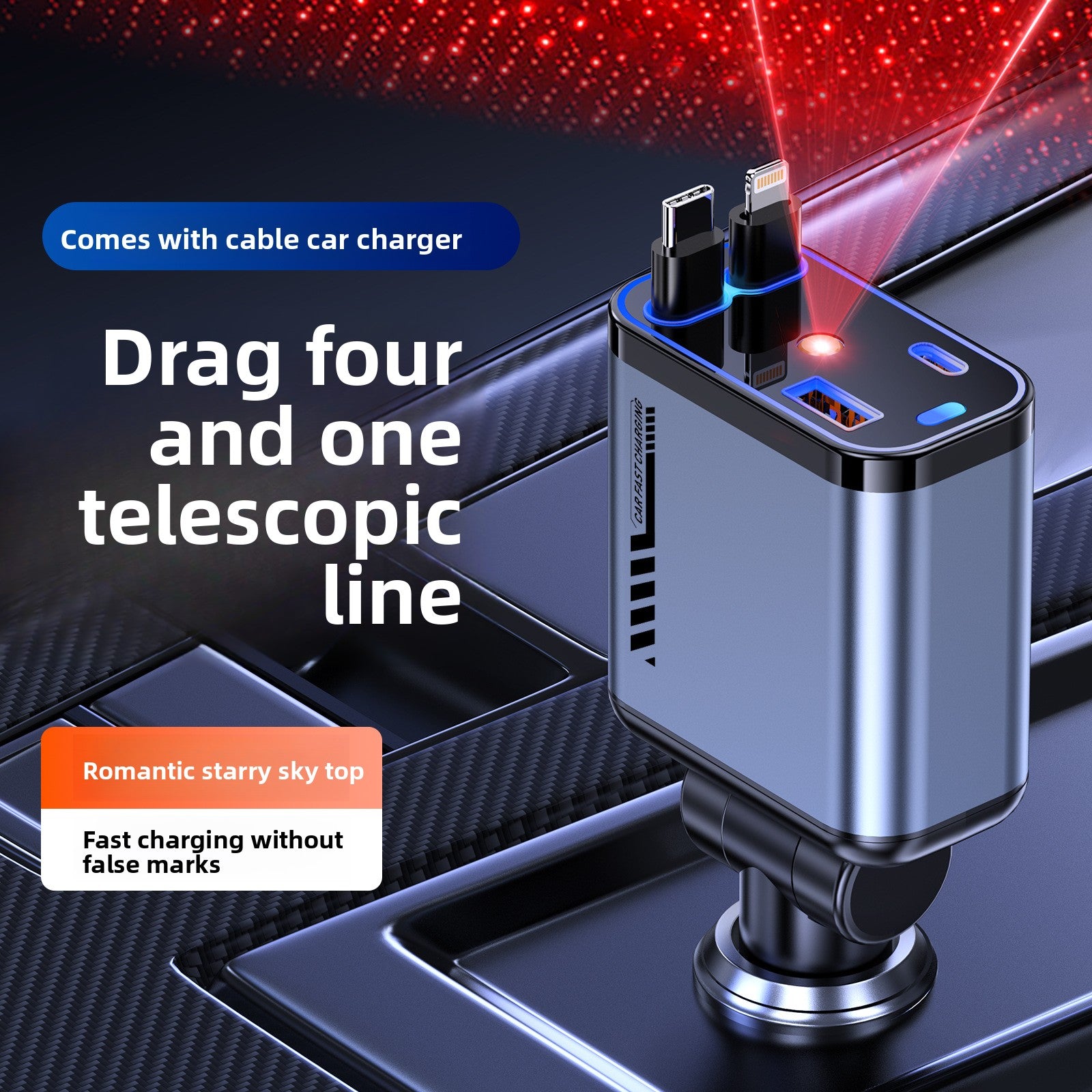 C6 one-to-four mobile phone car charger 120W super fast charging star sky top projection lamp telescopic line